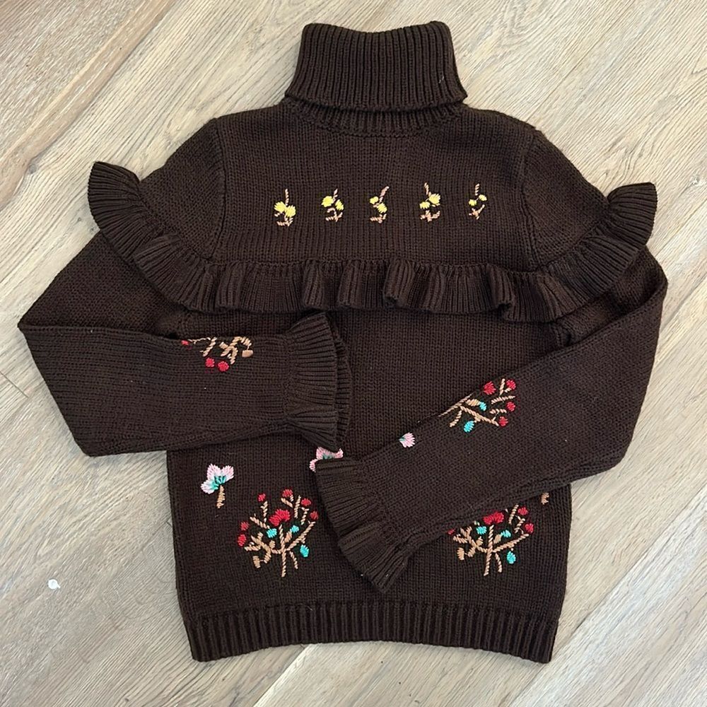 Anthropologie Allison Brown Sweater with Flower Detail and Ruffles - XS